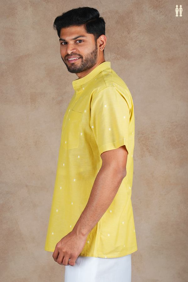 Chinese Collar Threadwork Buttis Yellow Cotton Short Kurta