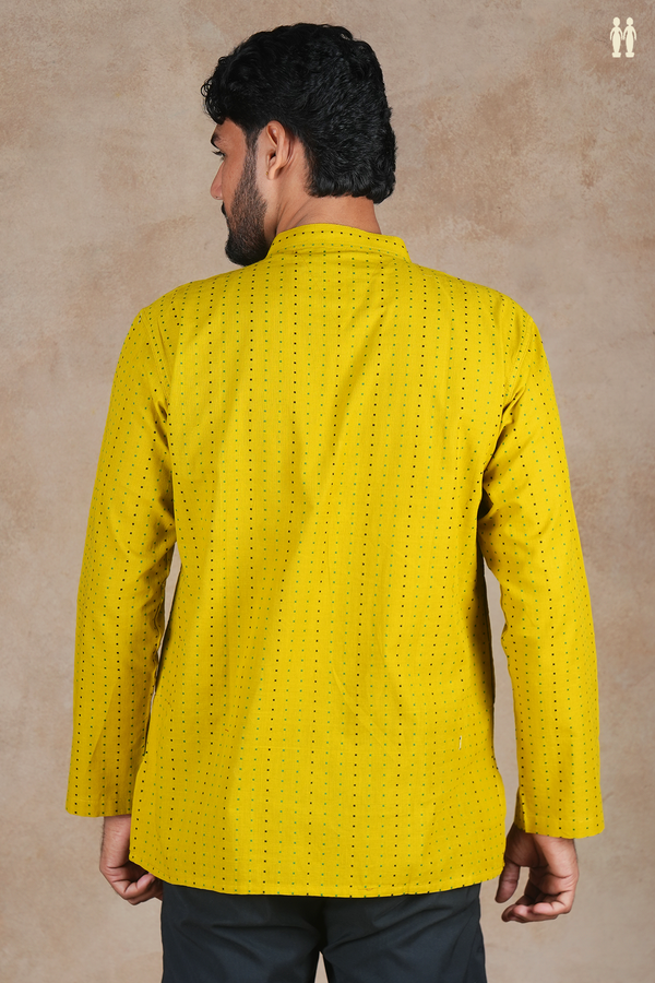 Chinese Collar Threadwork Buttis Yellow Cotton Short Kurta