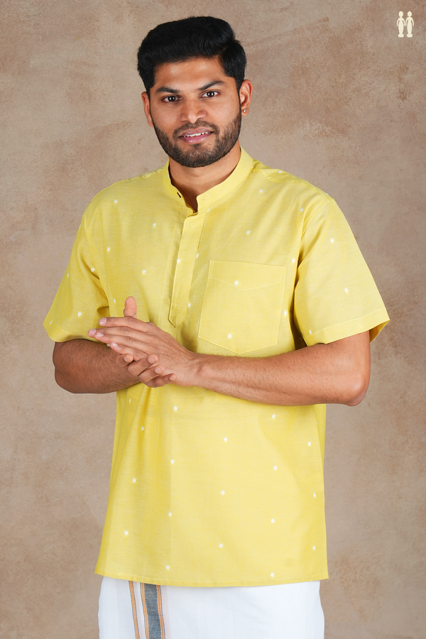 Chinese Collar Threadwork Buttis Yellow Cotton Short Kurta