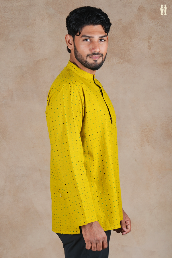 Chinese Collar Threadwork Buttis Yellow Cotton Short Kurta