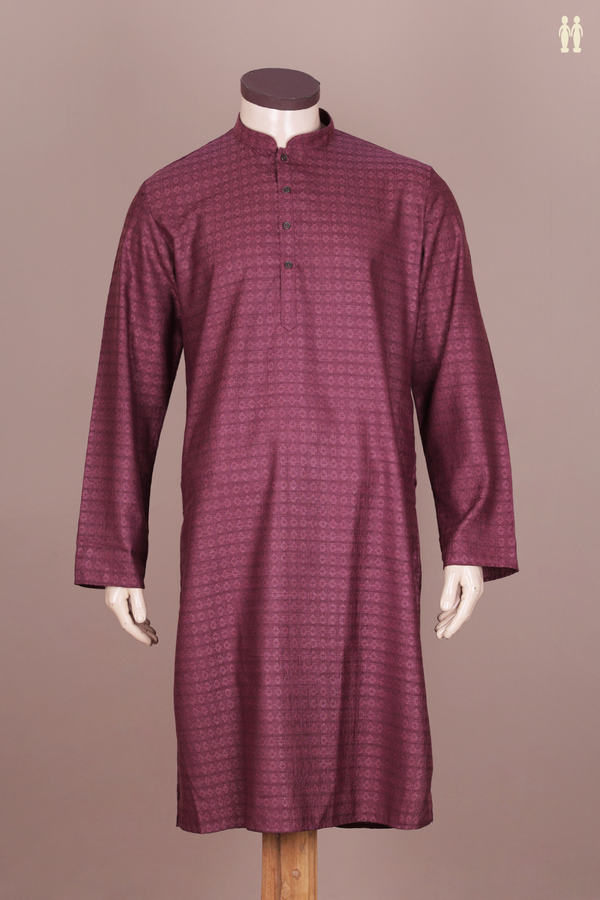 Chinese Collar Threadwork Design Berry Purple Cotton Long Kurta