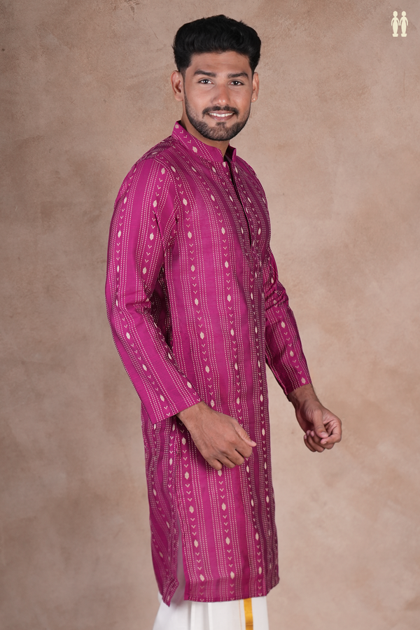 Chinese Collar Threadwork Purple Raw Silk Slim Fit Long Kurta