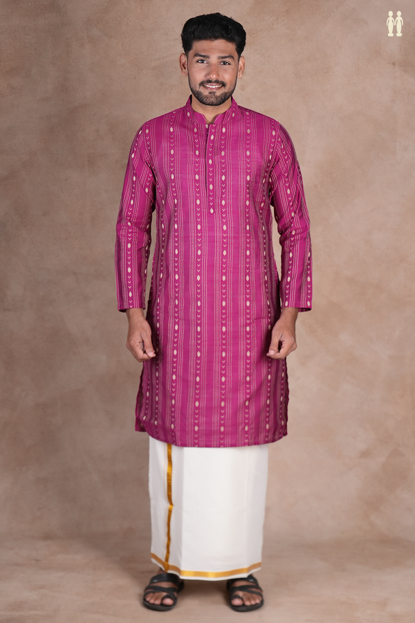 Chinese Collar Threadwork Design Purple Raw Silk Long Kurta