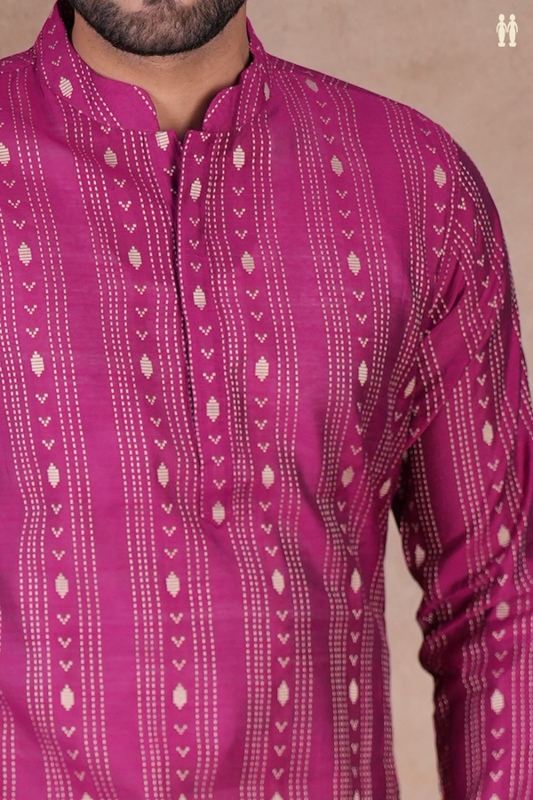 Chinese Collar Threadwork Purple Raw Silk Slim Fit Long Kurta