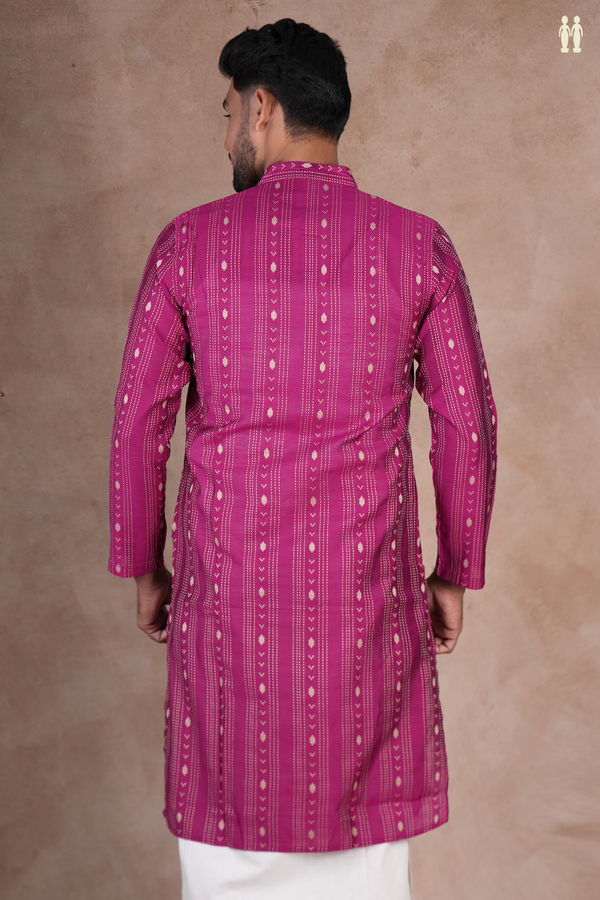 Chinese Collar Threadwork Purple Raw Silk Slim Fit Long Kurta