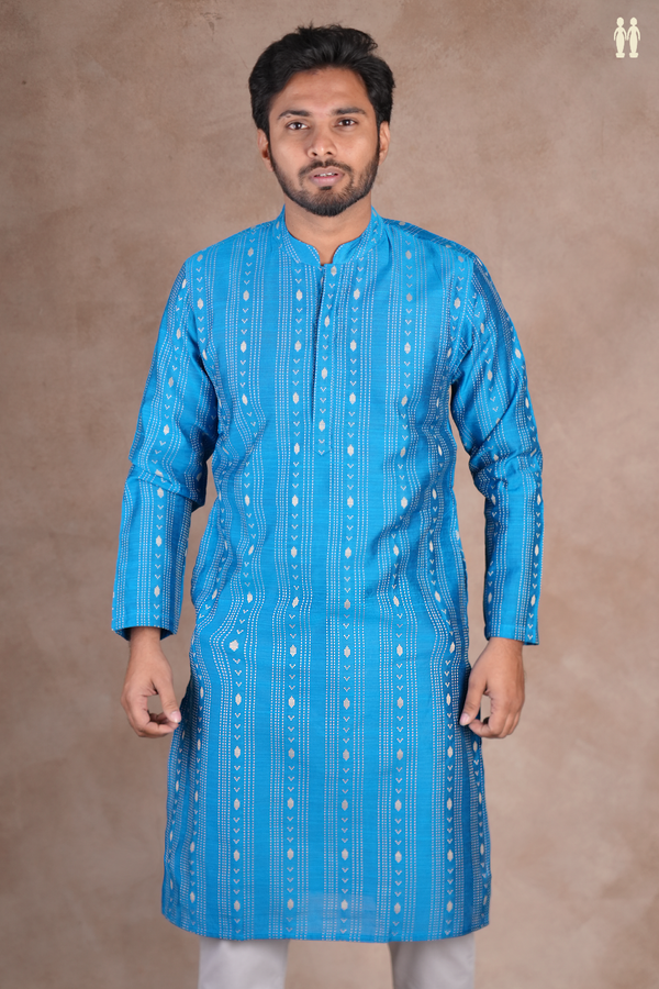 Slim Fit Chinese Collar Blue Raw Silk Long Kurta