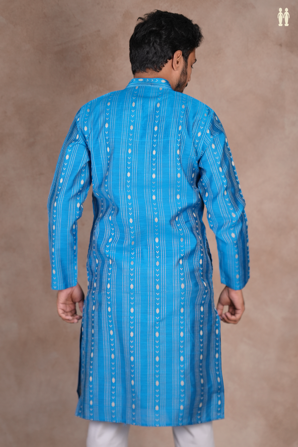 Slim Fit Chinese Collar Blue Raw Silk Long Kurta