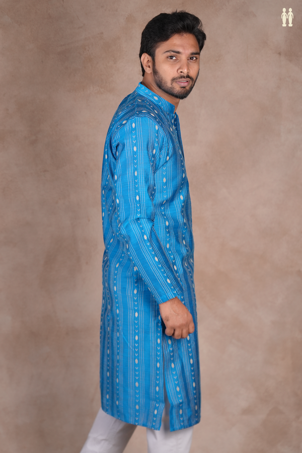 Slim Fit Chinese Collar Blue Raw Silk Long Kurta