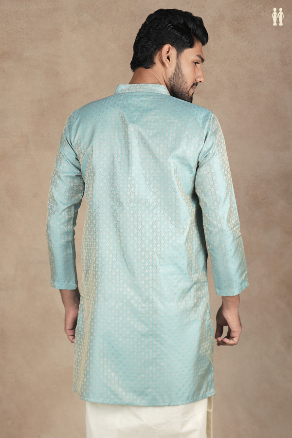Chinese Collar Threadwork Design Blue Semi Banaras Long Kurta