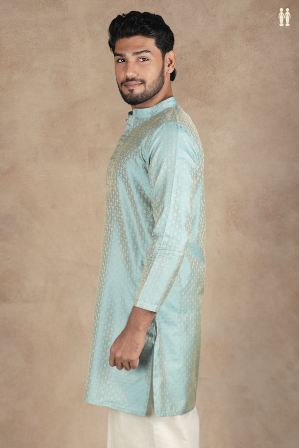 Chinese Collar Threadwork Design Blue Semi Banaras Long Kurta