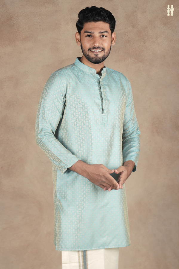 Chinese Collar Threadwork Design Blue Semi Banaras Long Kurta