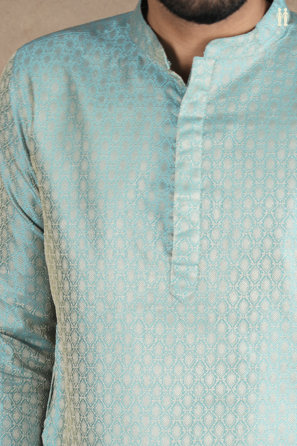 Chinese Collar Threadwork Design Blue Semi Banaras Long Kurta