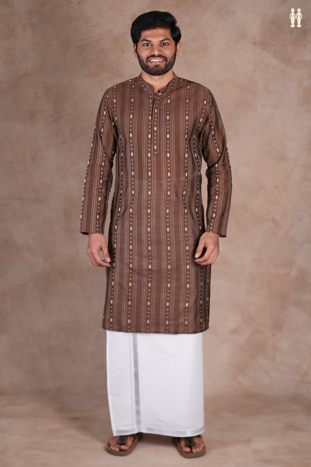 Chinese Collar Threadwork Design Brown Raw Silk Long Kurta