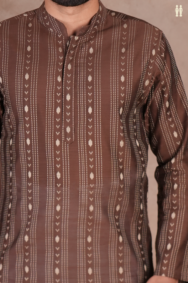Chinese Collar Threadwork Design Brown Raw Silk Long Kurta