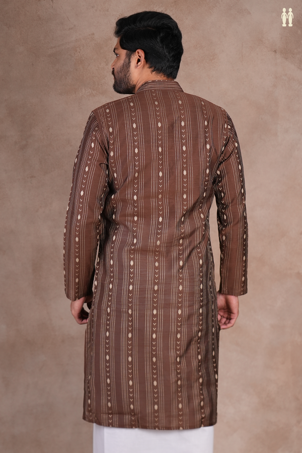Chinese Collar Threadwork Design Brown Raw Silk Long Kurta