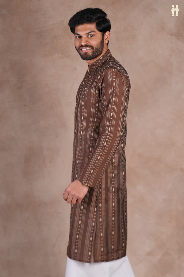 Chinese Collar Threadwork Design Brown Raw Silk Long Kurta