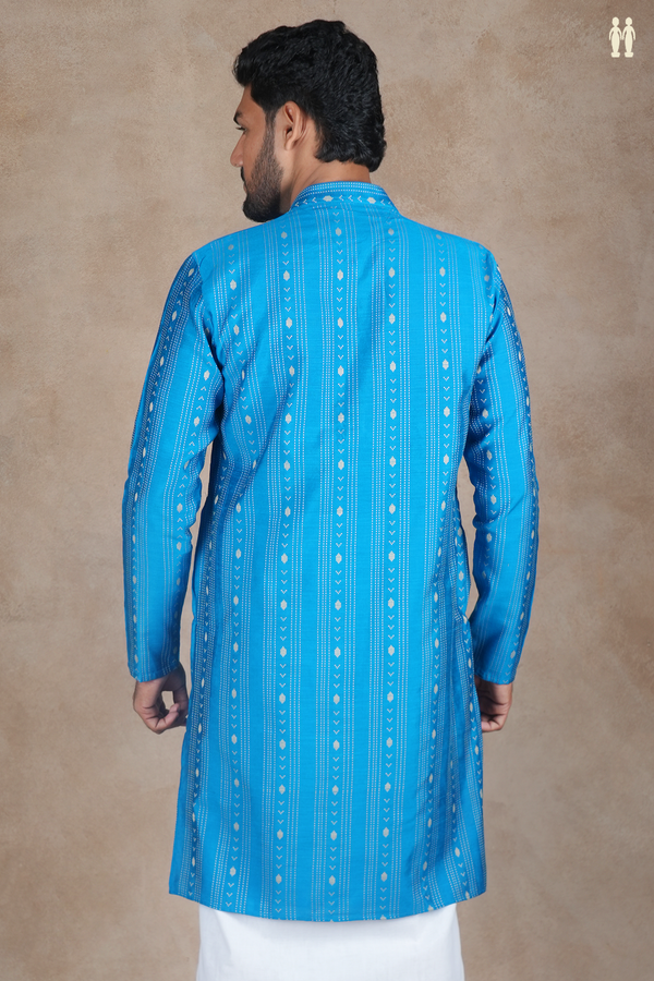Chinese Collar Threadwork Design Blue Raw Silk Long Kurta