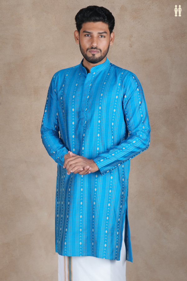 Chinese Collar Threadwork Design Blue Raw Silk Long Kurta