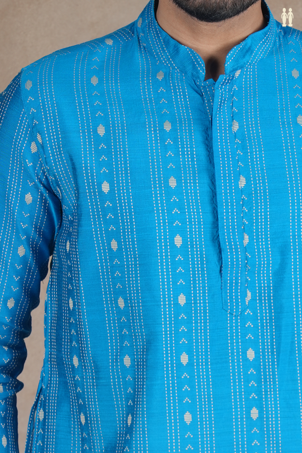 Chinese Collar Threadwork Design Blue Raw Silk Long Kurta