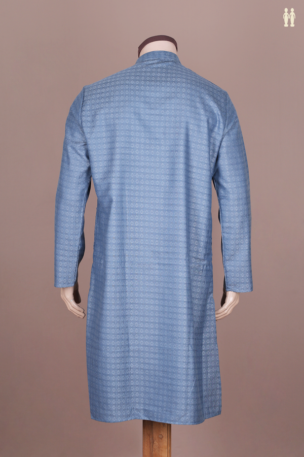 Chinese Collar Threadwork Design Dusty Blue Cotton Long Kurta