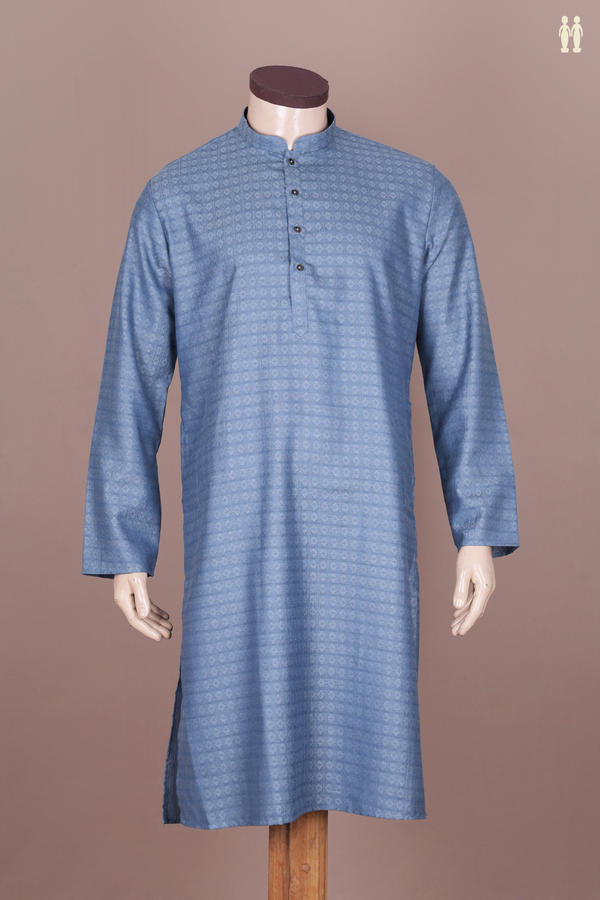 Chinese Collar Threadwork Design Dusty Blue Cotton Long Kurta