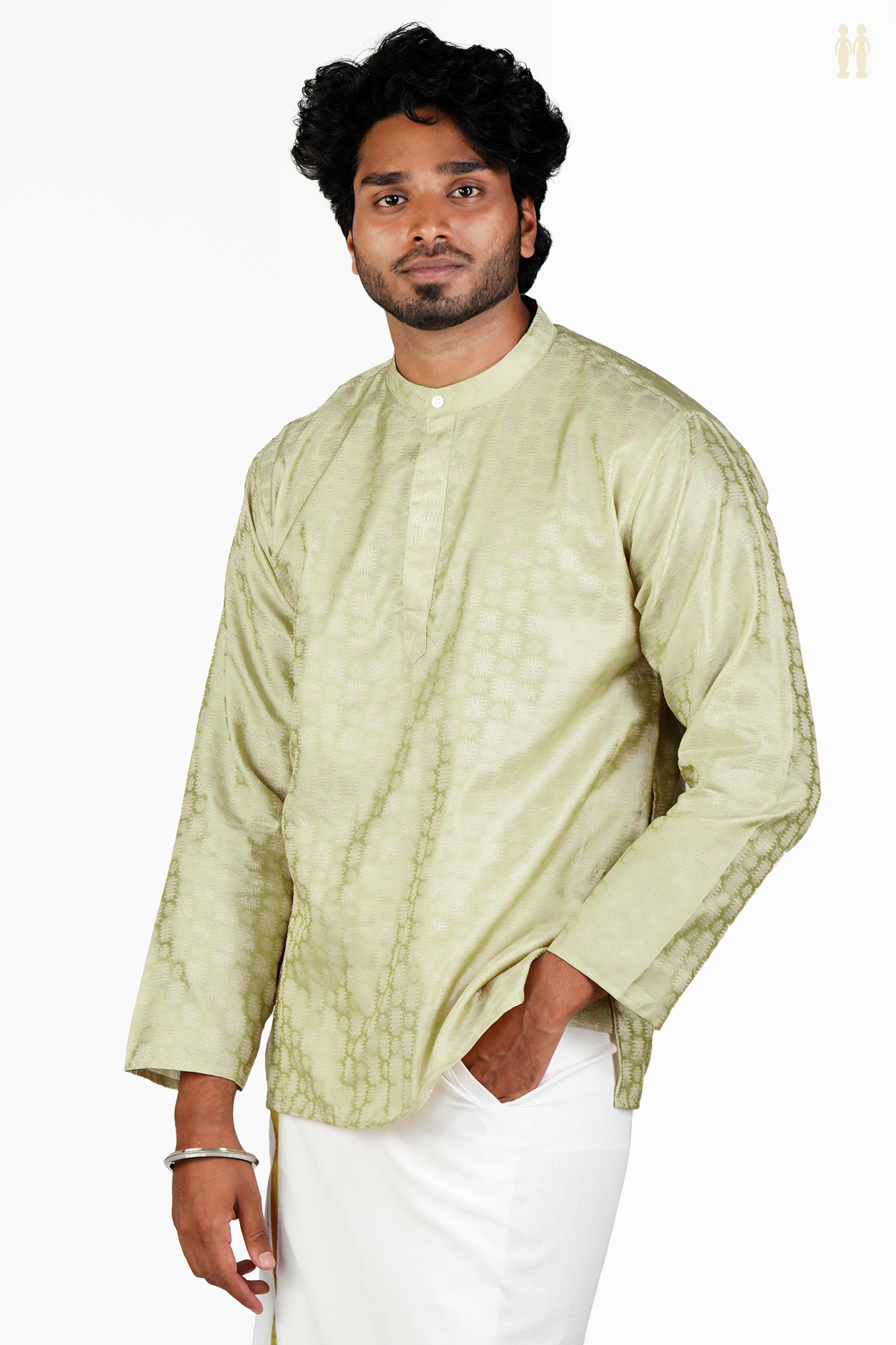Chinese Collar Threadwork Design Green Banarasi Short Kurta