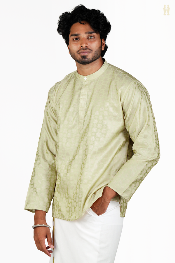 Chinese Collar Threadwork Design Green Banarasi Short Kurta