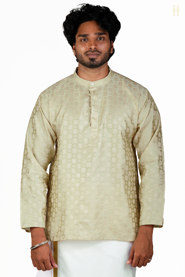 Chinese Collar Threadwork Design Green Banarasi Short Kurta