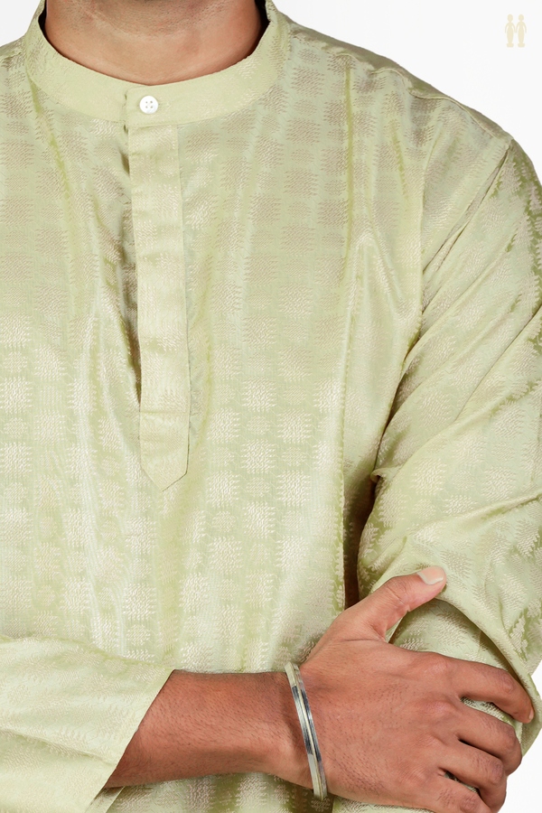 Chinese Collar Threadwork Design Green Banarasi Short Kurta