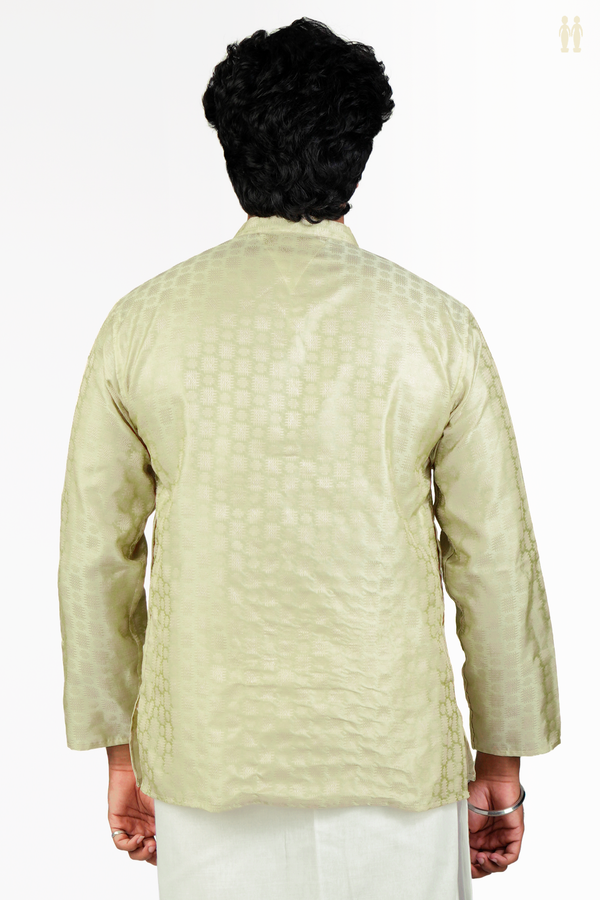 Chinese Collar Threadwork Design Green Banarasi Short Kurta