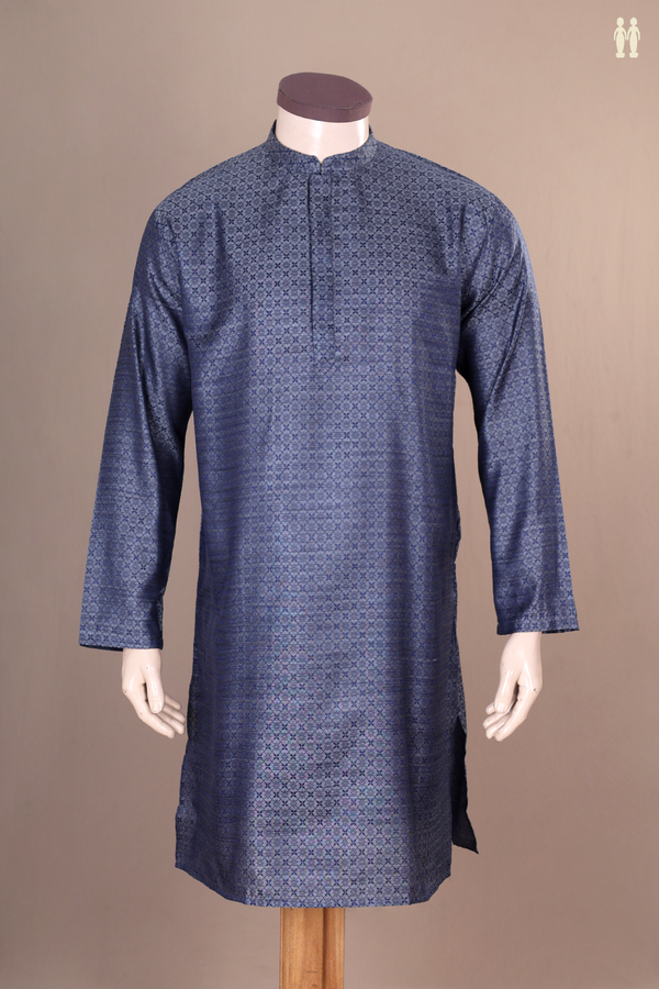 Chinese Collar Threadwork Design Grey Banarasi Long Kurta