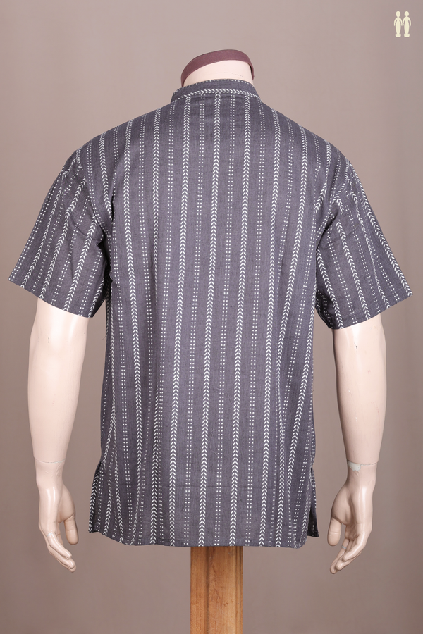 Chinese Collar Threadwork Design Grey Cotton Short Kurta