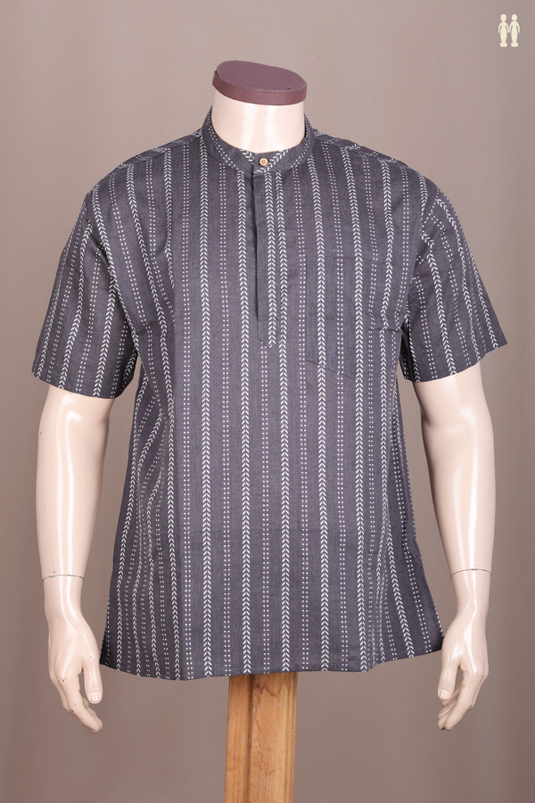 Chinese Collar Threadwork Design Grey Cotton Short Kurta