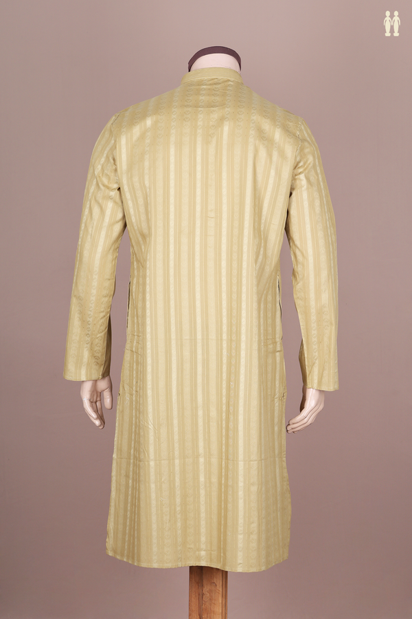 Chinese Collar Threadwork Design Khaki Cotton Long Kurta