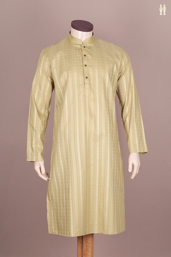 Chinese Collar Threadwork Design Khaki Cotton Long Kurta