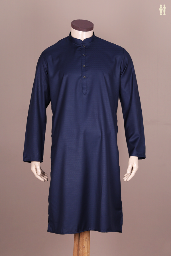 Chinese Collar Threadwork Design Navy Blue Cotton Long Kurta