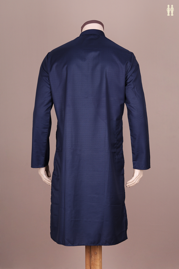 Chinese Collar Threadwork Design Navy Blue Cotton Long Kurta