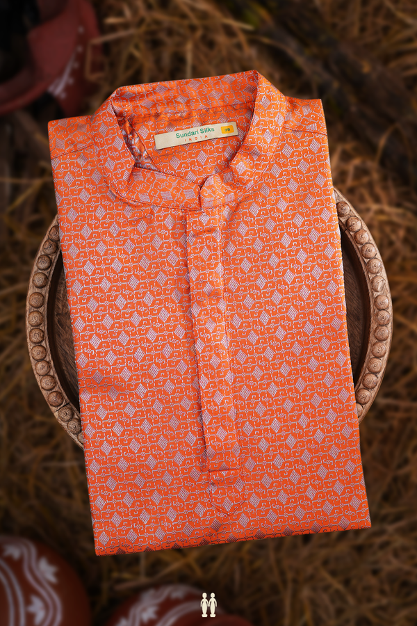 Chinese Collar Threadwork Design Orange Banarasi Long Kurta