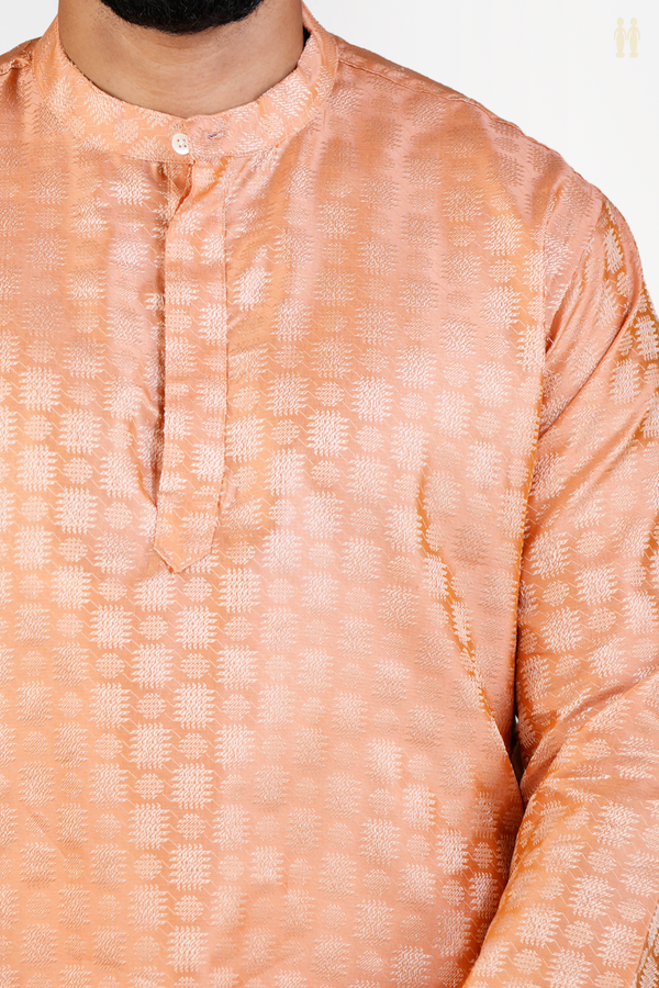 Chinese Collar Threadwork Design Orange Banarasi Short Kurta