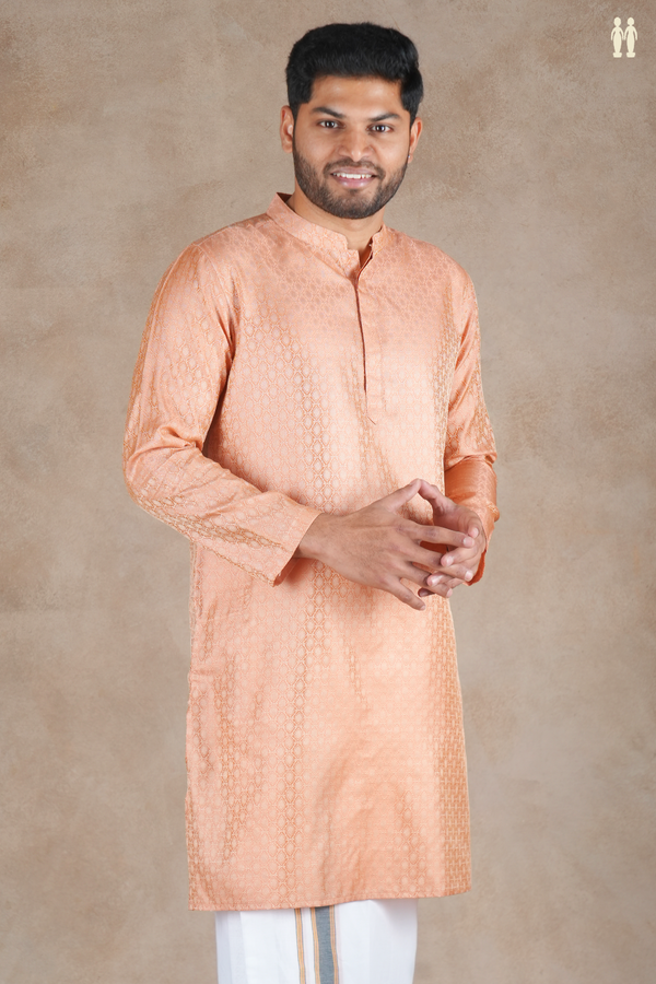 Chinese Collar Threadwork Design Orange Semi Banaras Long Kurta