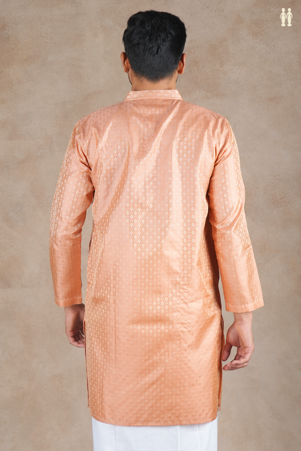 Chinese Collar Threadwork Design Orange Semi Banaras Long Kurta