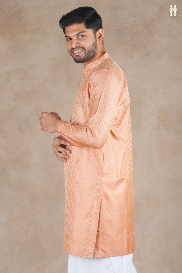 Chinese Collar Threadwork Design Orange Semi Banaras Long Kurta