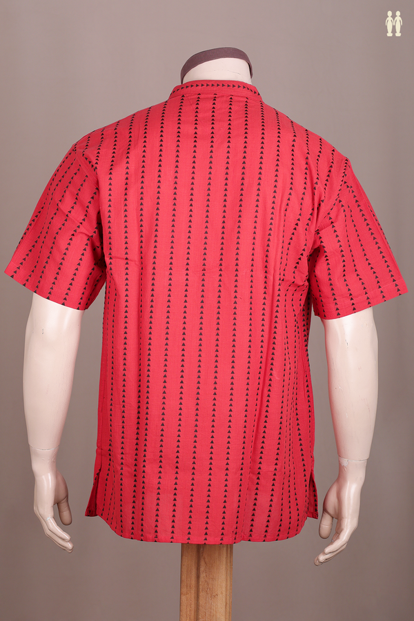 Chinese Collar Threadwork Design Red Cotton Short Kurta