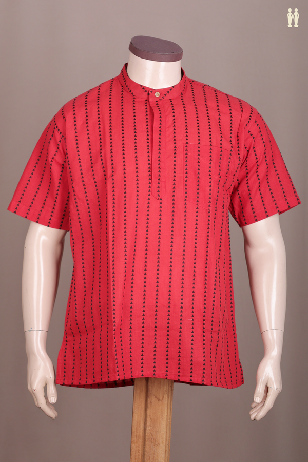 Chinese Collar Threadwork Design Red Cotton Short Kurta