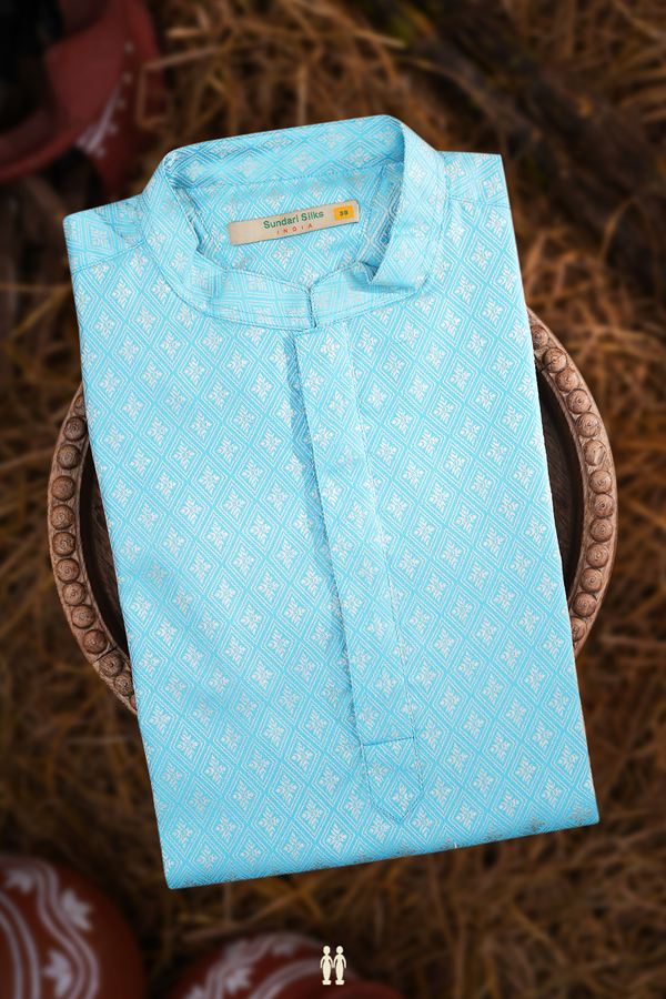 Chinese Collar Threadwork Design Sky Blue Banarasi Long Kurta