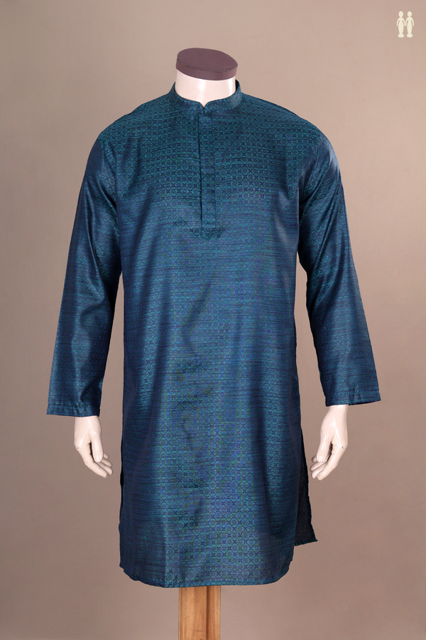 Chinese Collar Threadwork Design Teal Blue Banarasi Long Kurta