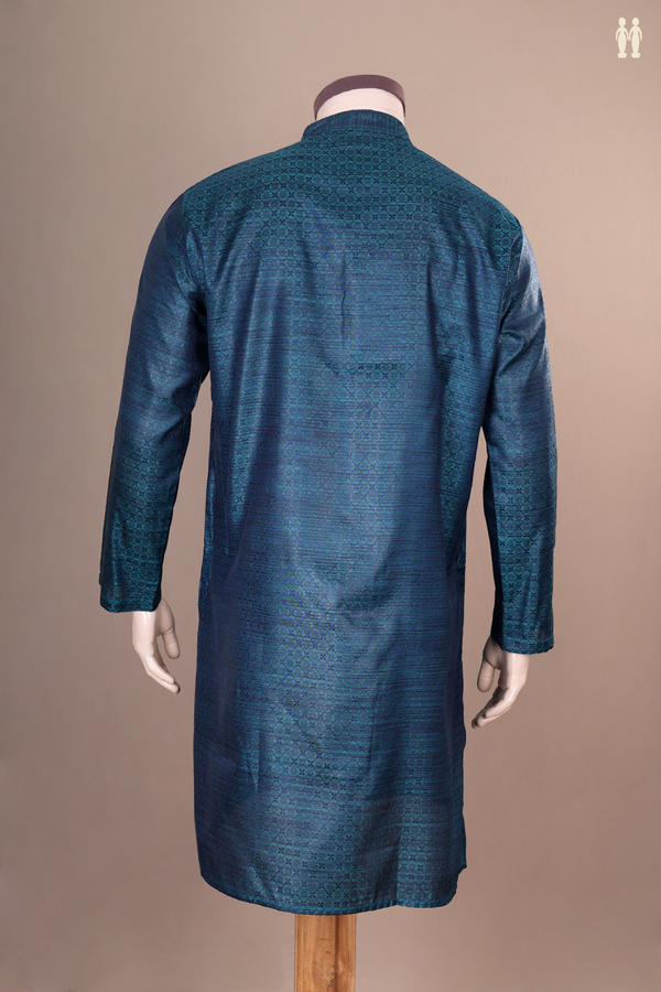 Chinese Collar Threadwork Design Teal Blue Banarasi Long Kurta