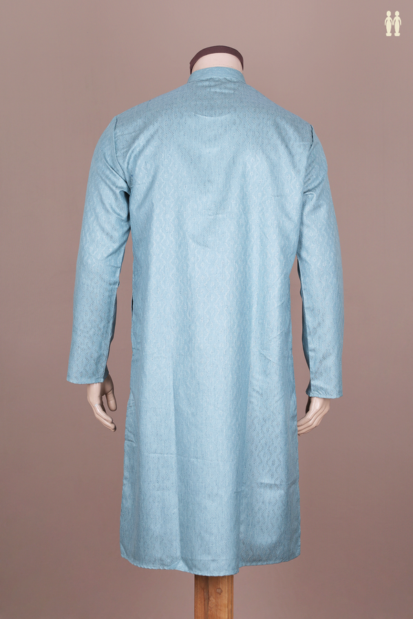 Chinese Collar Threadwork Design Turkish Blue Cotton Long Kurta