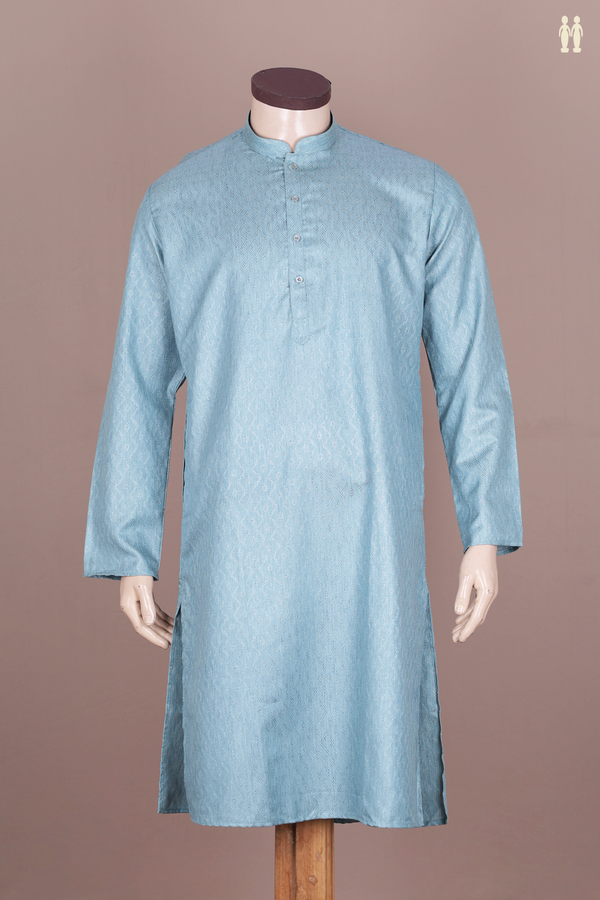 Chinese Collar Threadwork Design Turkish Blue Cotton Long Kurta