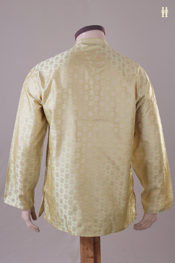Chinese Collar Threadwork Design Yellow Banarasi Short Kurta